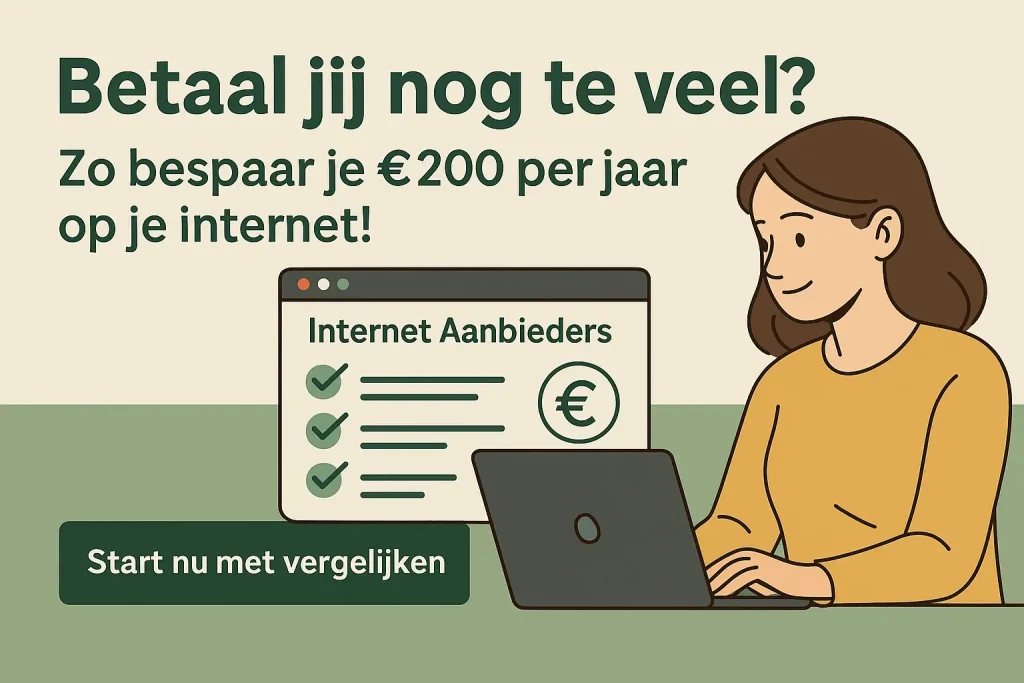 Vrouw vergelijkt internet aanbieders op haar laptop met de tekst: ‘Betaal jij nog te veel? Zo bespaar je €200 per jaar op je internet!