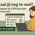 Vrouw vergelijkt internet aanbieders op haar laptop met de tekst: ‘Betaal jij nog te veel? Zo bespaar je €200 per jaar op je internet!
