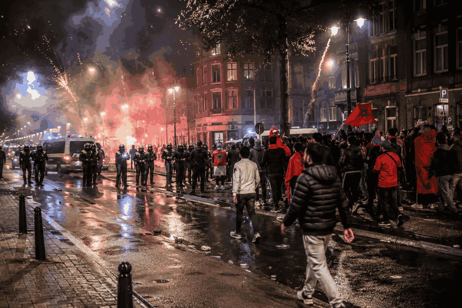 Politie en supporters op straat na een voetbalwedstrijd in een Europese stad
